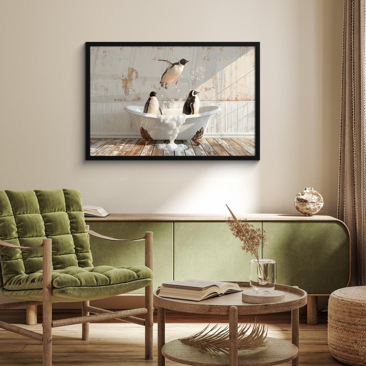 POSTER MIT RAHMENGERAHMTES BILD Vintage - Pinguin - Badewanne - Schaumstoff 90x60 cm - Schwarz, Papier (90/60cm) - MuchoWow