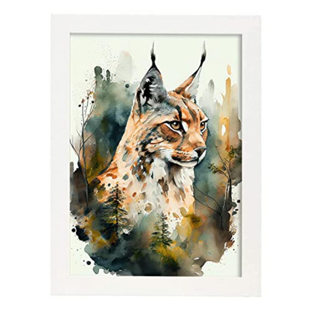 POSTER Luchs 1 Im Aquarell Stil. A4 Weißer Rahmen - Weiß, Papier (29.7/5/21cm) - Nacnic