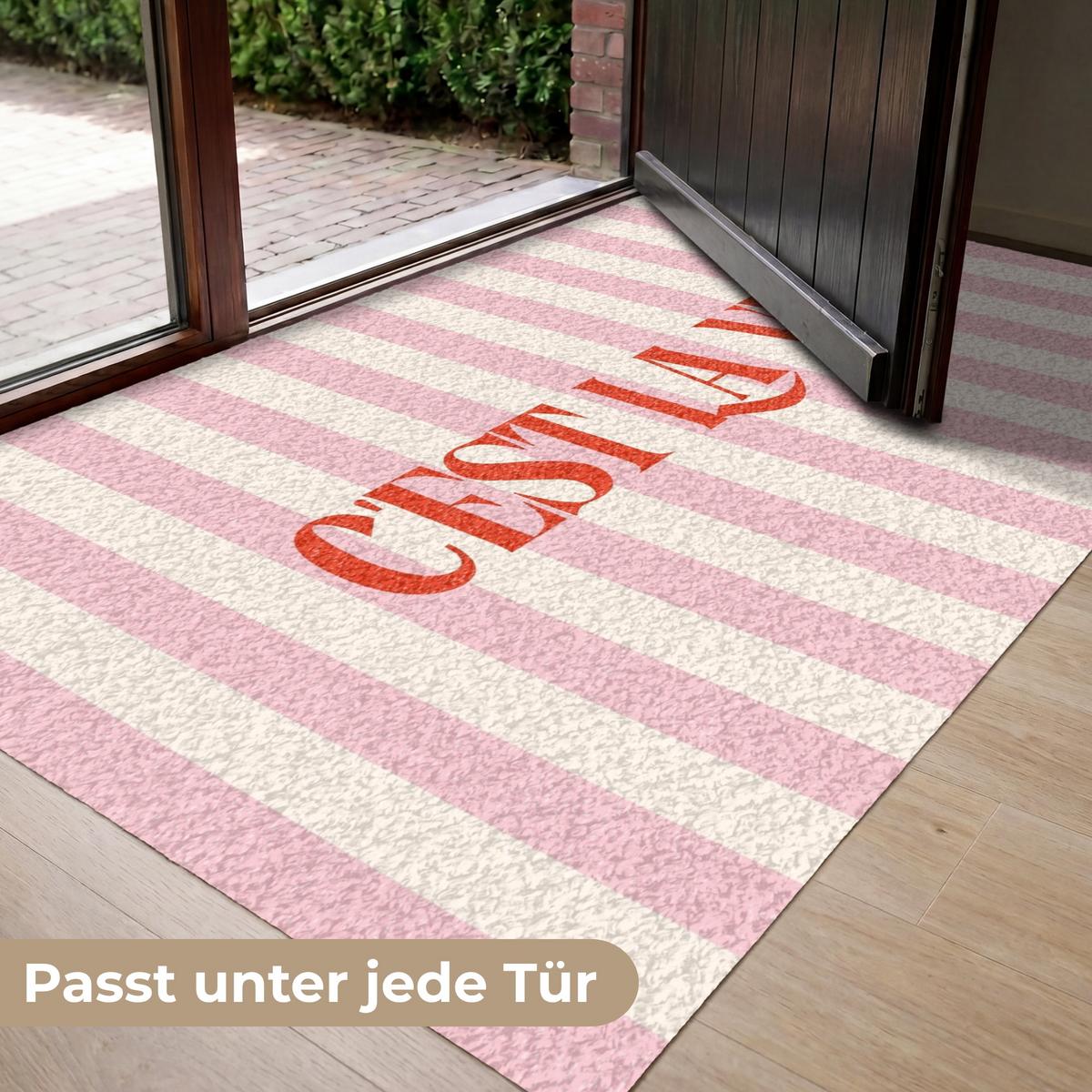 FUSSMATTE Zartrosa – Rot – Streifen – C'est La Vie 150x90 cm - Rosa, Kunststoff (150/0.4cm) - MuchoWow