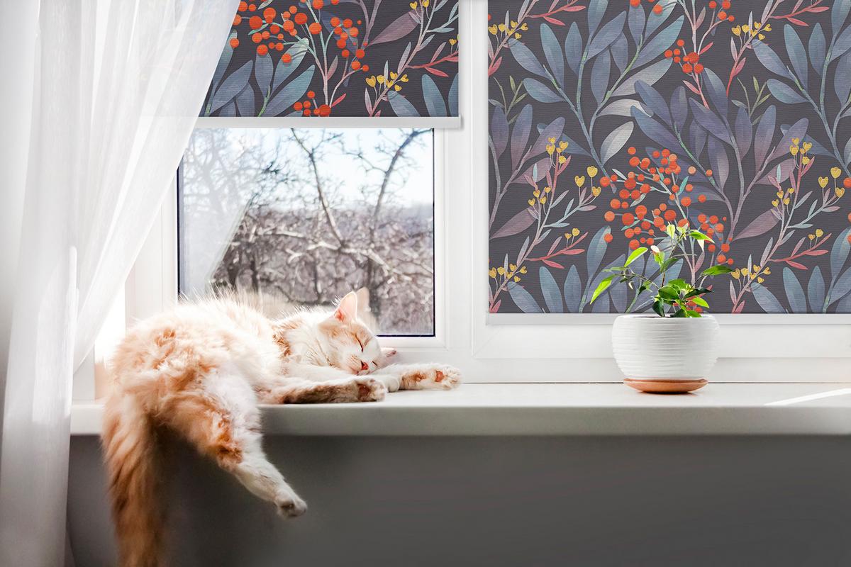 INNENROLLO - Fensterrollo - Rollo - 90x180 cm - Dunkle Blätter und Eberesche - Rot, Kunststoff (90/180/0.5cm) - TULUP