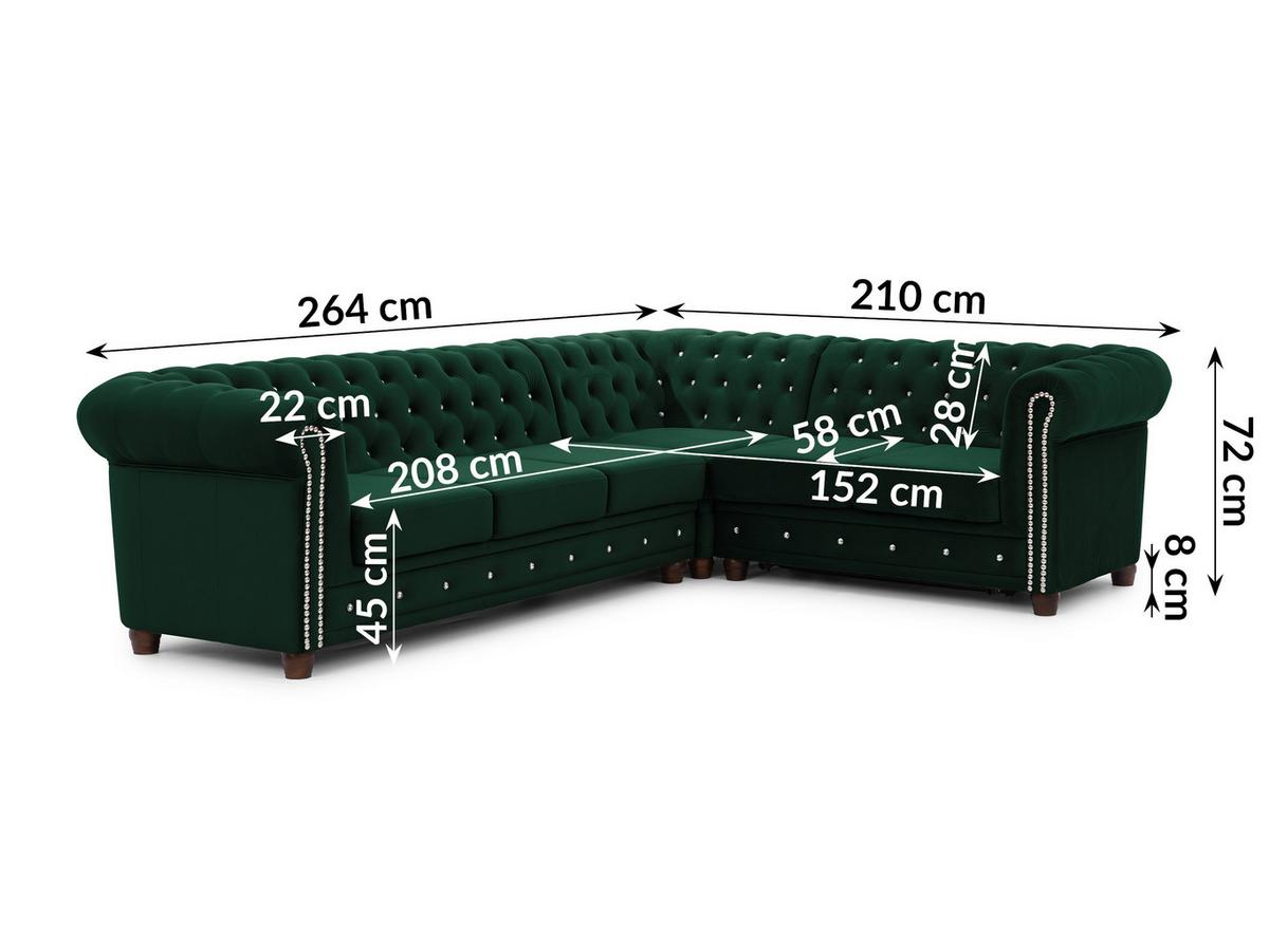 ECKSOFA mit Schlaffunktion Chesterfield Flasche Grün Samt mit Kristallsteppung und braunen Massivholzfüßen - Ottomane Rechts - Braun/Grün, Holz/Textil (264/210cm) - S-Style Möbel