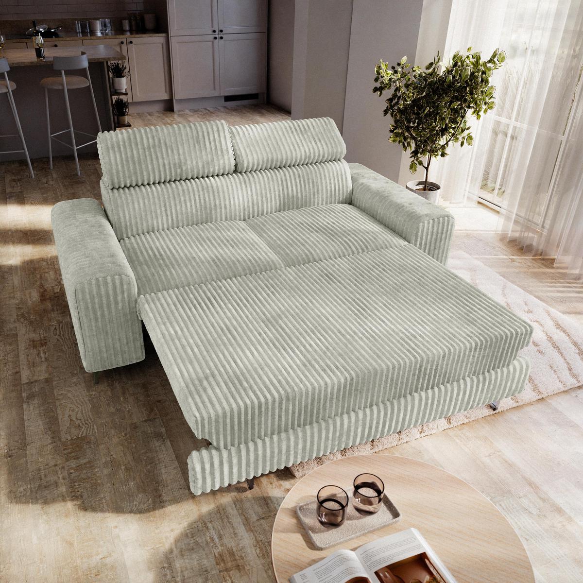BETTSOFA BENETE Hellgrau Cordstoff mit Schlaffunktion - Hellgrau, Holz/Textil (191/89/92cm) - MASSENO