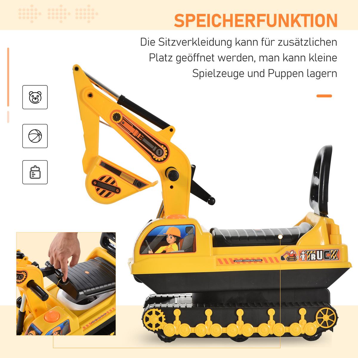 KINDER Sitzbagger Sandbagger für Kinder mit Schaufel, Hupe für 1,5-4 Jahre - Gelb, Kunststoff (78/24/58.5cm) - HOMCOM