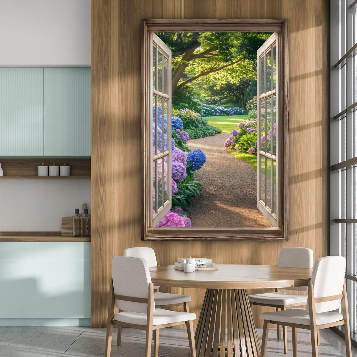LEINWANDBILD Aussicht - Garten - Fenster - Hortensie - Blumen Deko Groß 90x140 cm - Pastellblau, Textil (90/140cm) - MuchoWow
