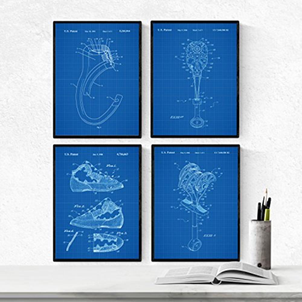 POSTER Set mit 4 Blau KLETTERN Patenten A4 Schwarzer Rahmen - Schwarz, Papier (29.7/3cm) - Nacnic