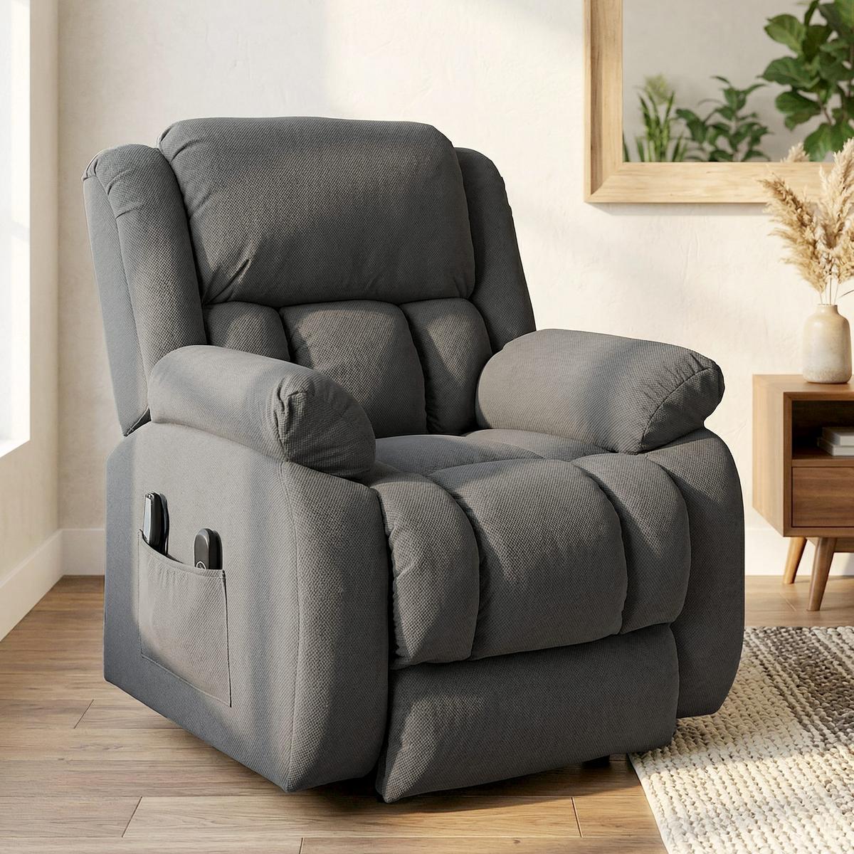 FERNSEHSESSEL mit Aufstehhilfe, Relaxsessel mit Liege-, Massagefunktion, Grau - Grau, Textil (104/100/93cm) - HOMCOM