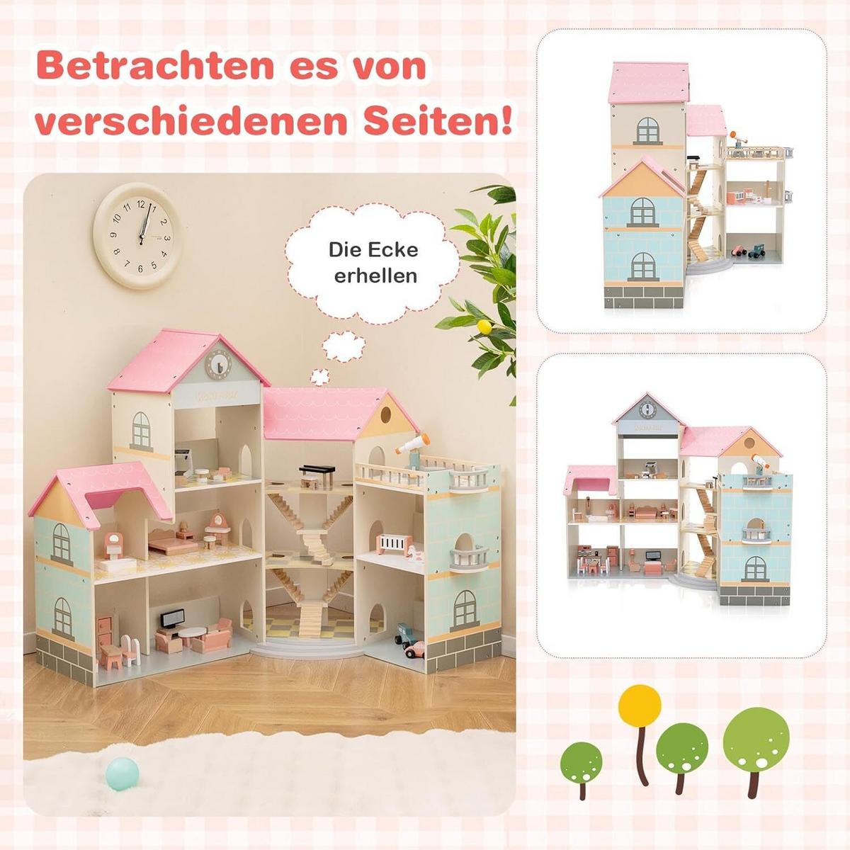 PUPPENHAUS 94cm Rosa - Pink, Holz (87/94/32cm) - COSTWAY