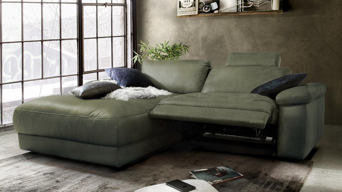 ECKSOFA MOTORISCHER RELAXFUNKTION LOLA Dunkelgrün Leder Relaxfunktion - Dunkelgrün/Schwarz, Leder (233/178cm) - KAWOLA