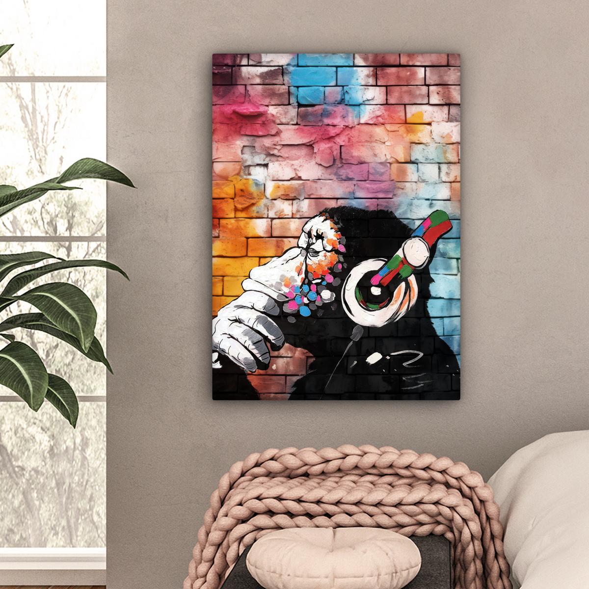 LEINWANDBILD Affe - Graffiti - Musik Wandbild Wohnzimmer 60x80 cm - Multicolor, Textil (60/80cm) - MuchoWow
