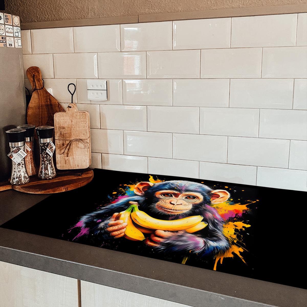 HERDABDECKPLATTE Affe - Graffiti - Farbenfroh - Bananen - Modern Ceranfeldabdeckung 90x52 cm - Gelb, Kunststoff (90/52/0.2cm) - MuchoWow