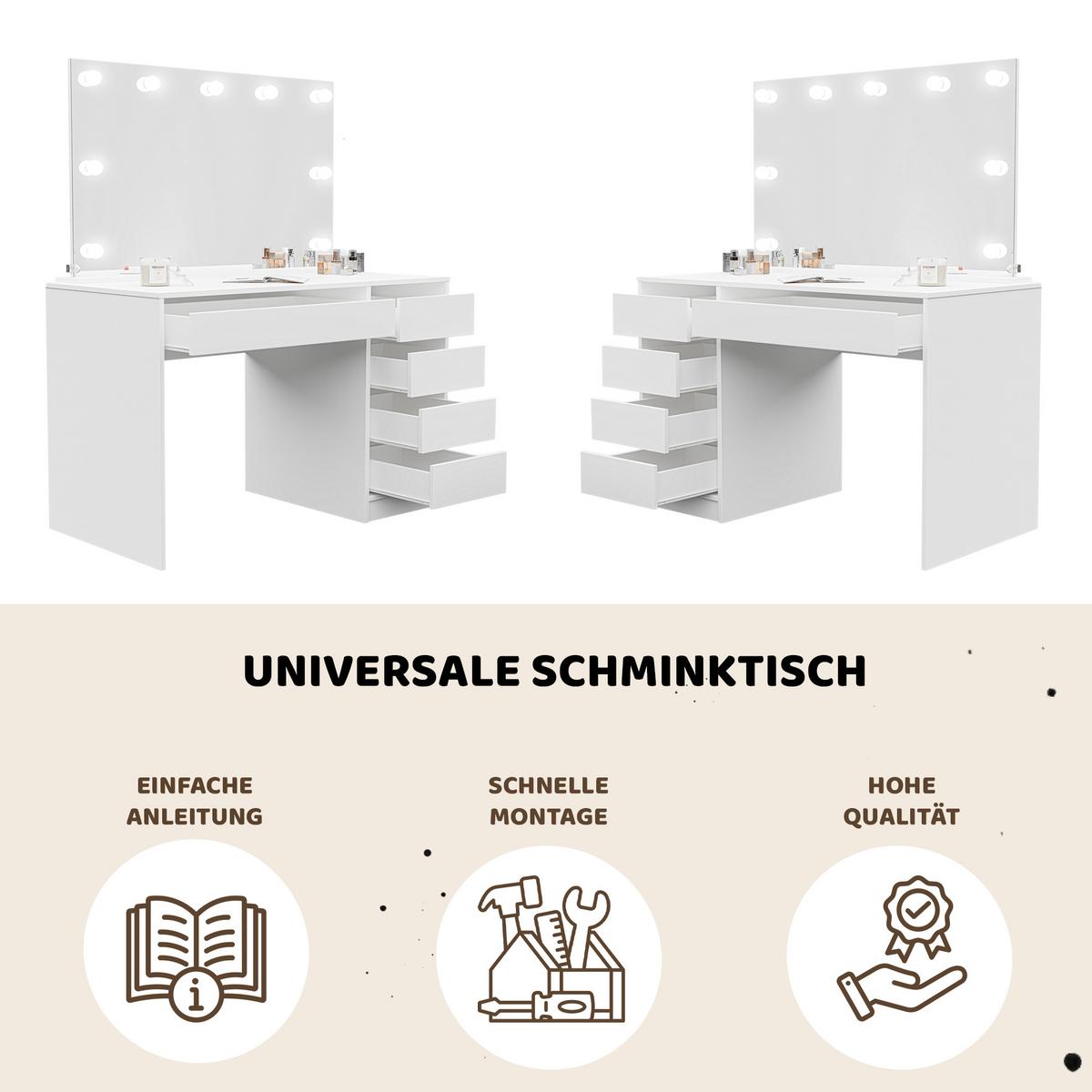 SCHMINKTISCH Bella Weiß 110 cm mit Spiegel und LED Beleuchtung - Weiß, Holzwerkstoff (110/77/55cm) - Idohome