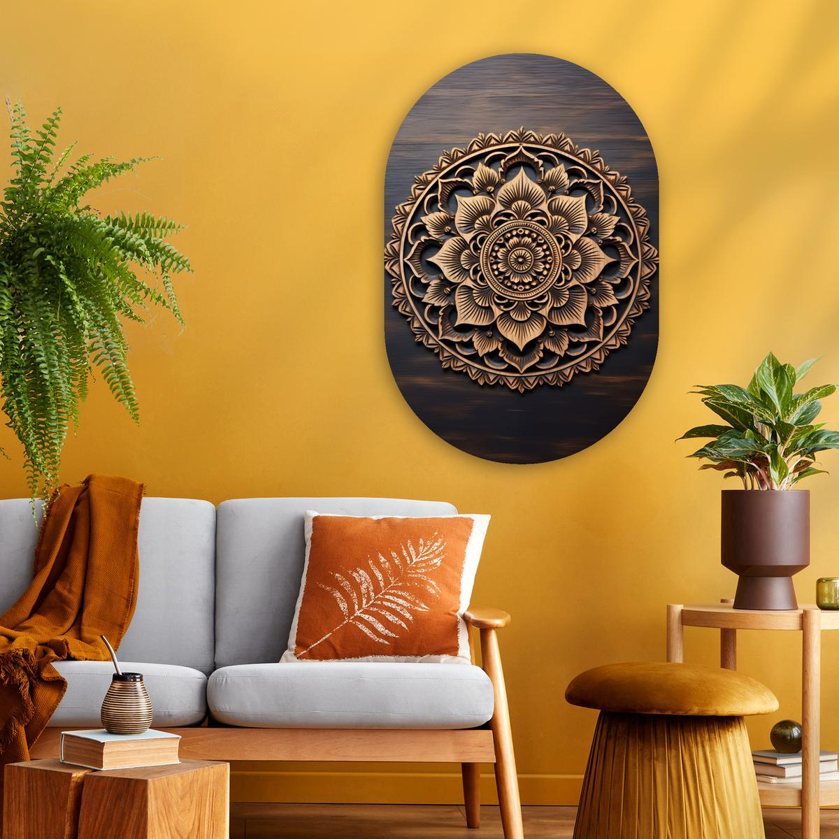 WANDBILD Mandala - Holz - Blumen - Braun Wanddeko Schlafzimmer 60x90 cm - Gelb, Kunststoff (60/90cm) - MuchoWow