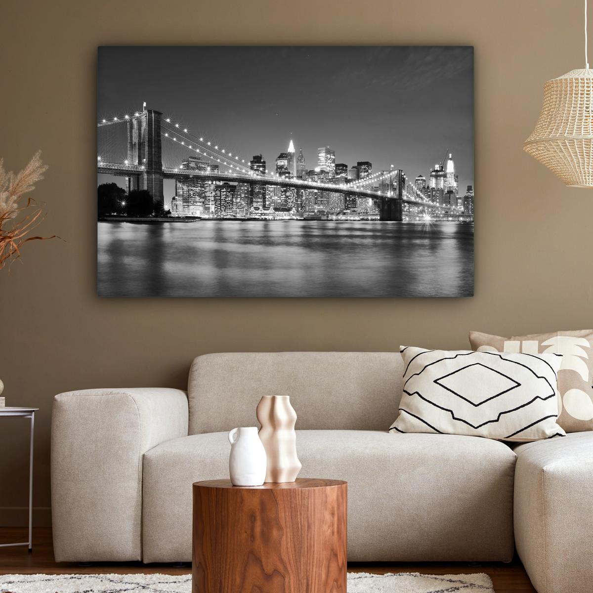 LEINWANDBILD New York - Brücke - Brooklyn - Schwarz und weiß - Architektur Groß 140x90 cm - Schwarz, Textil (140/90cm) - MuchoWow