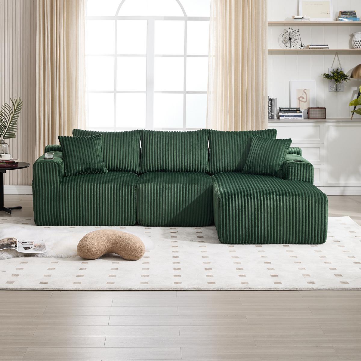 ECKSOFA mit Chaiselongue Cord - Smaragdgrün, Textil (257/160cm) - Urban Meuble