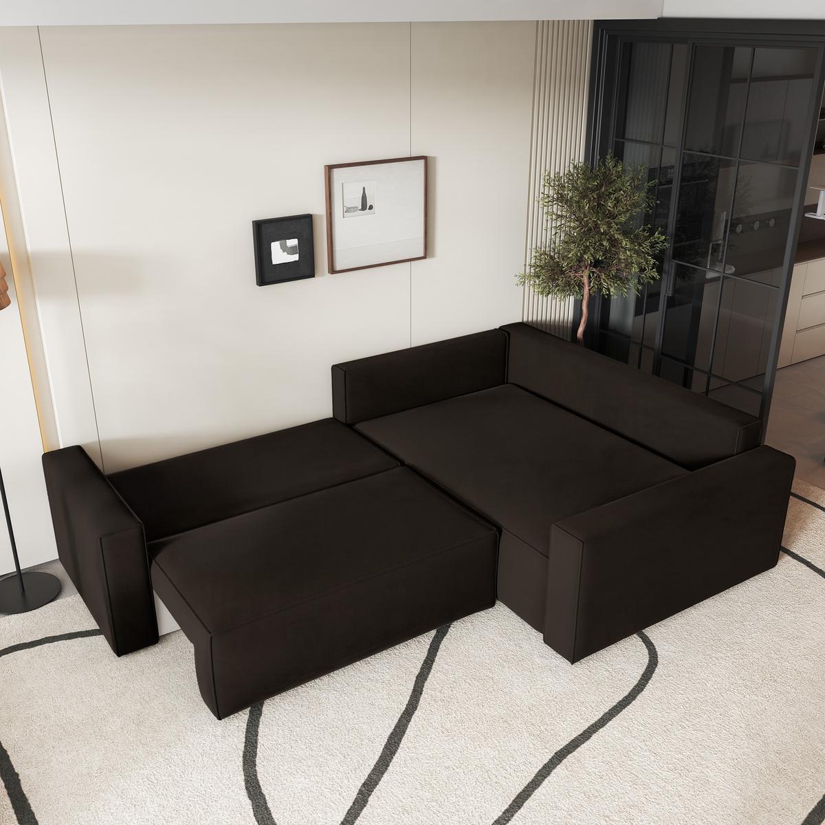 ECKSOFA ERONIS R-S Braun Velours-Stoff mit Schlaffunktion - Braun, Holz (265/194cm) - MASSENO