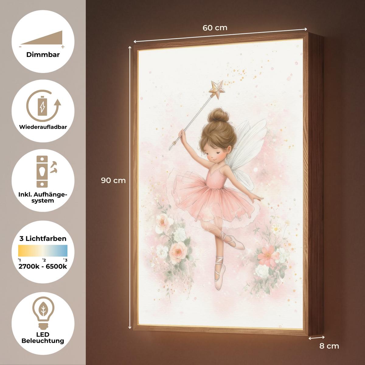 WANDLEUCHTE MIT AKKU Ballerina - Fee - Blumen - Rosa 60x90 cm - Rosa, Holzwerkstoff (60/90/8cm) - OnlyWow
