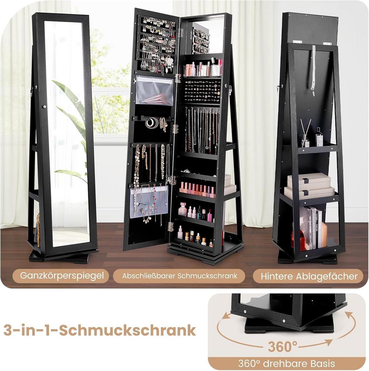 SCHMUCKSCHRANK 161cm Schwarz - Schwarz, Holz (39/161/39cm) - COSTWAY