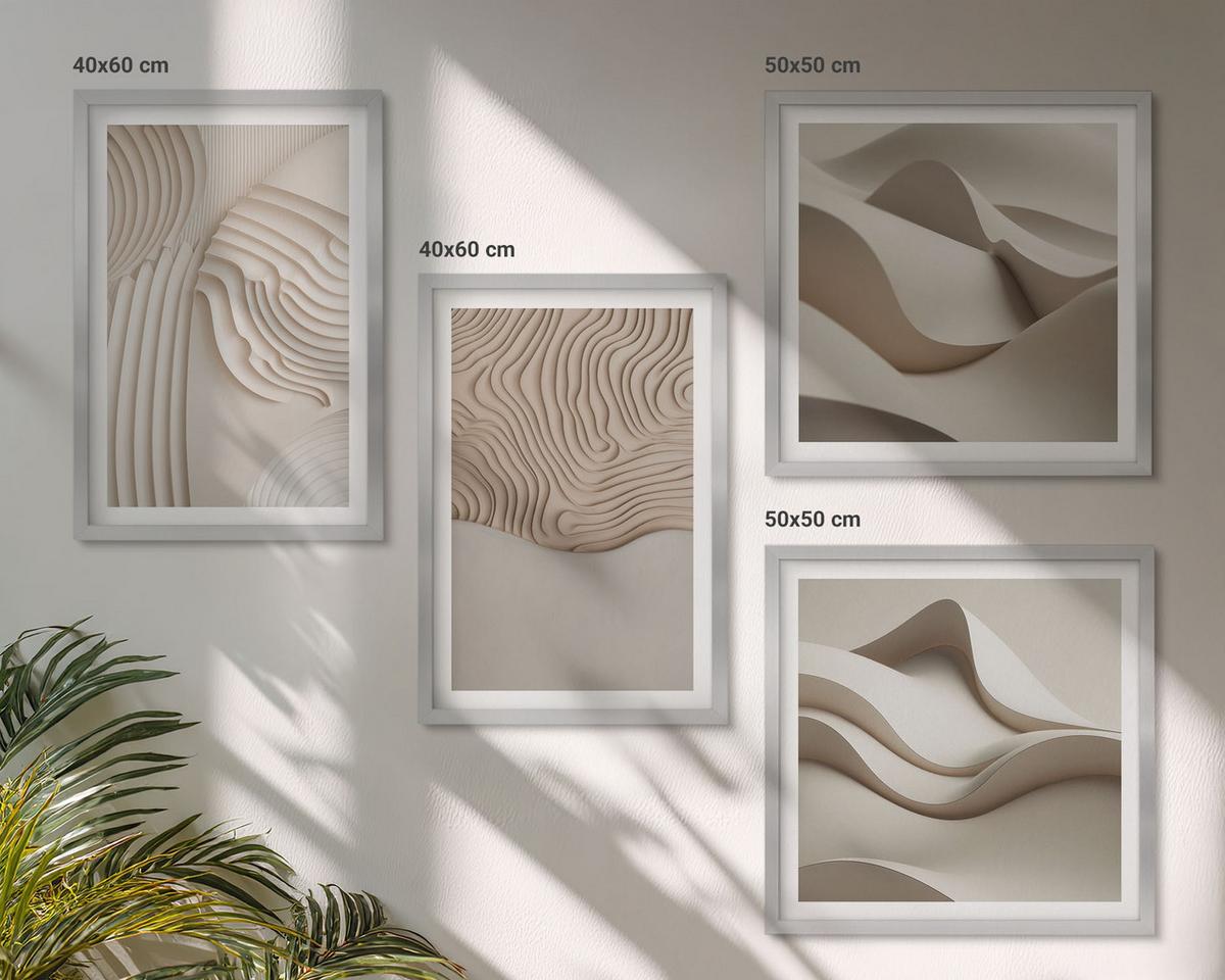 BILDER SET 4er Set - 50x50 cm & 40x60 cm Silberner Rahmen - Abstrakte Wellen auf dem Sand - Silberfarben, Kunststoff (50/50cm) - TULUP