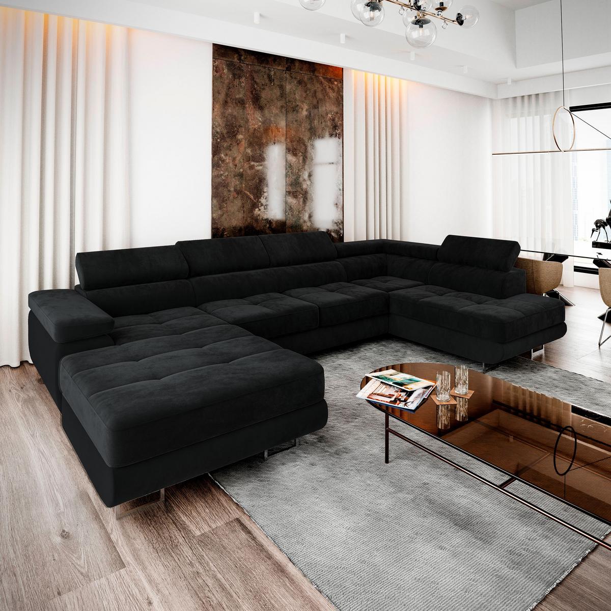 WOHNLANDSCHAFT CASONE R-S Schwarz Velours-Stoff mit Schlaffunktion - Silberfarben/Schwarz, Holz/Textil (345/90/202cm) - MASSENO