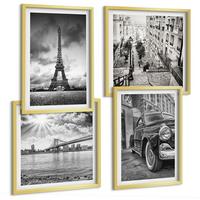 BILDER SET 4er Set - 50x50 cm & 40x60 cm Goldrahmen - Stadtansichten, Brücken, Eiffelturm, Auto - Goldfarben, Kunststoff (50/50cm) - TULUP