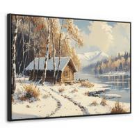 LEINWAND Bilder mit Rahmen - Winter - Schnee - Zuhause - Natur - 80x60 - Hellbraun, Textil (80/60cm) - MuchoWow