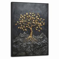 LEINWAND Bilder mit Rahmen - Blätter - Gold - Baum - Fels - 70x100 - Schwarz, Textil (70/100cm) - MuchoWow