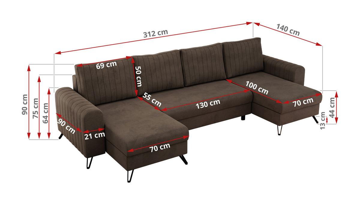 WOHNLANDSCHAFT AXEL U Velvet Braun - Schwarz/Braun, Textil/Metall (312/90/140cm) - MKS