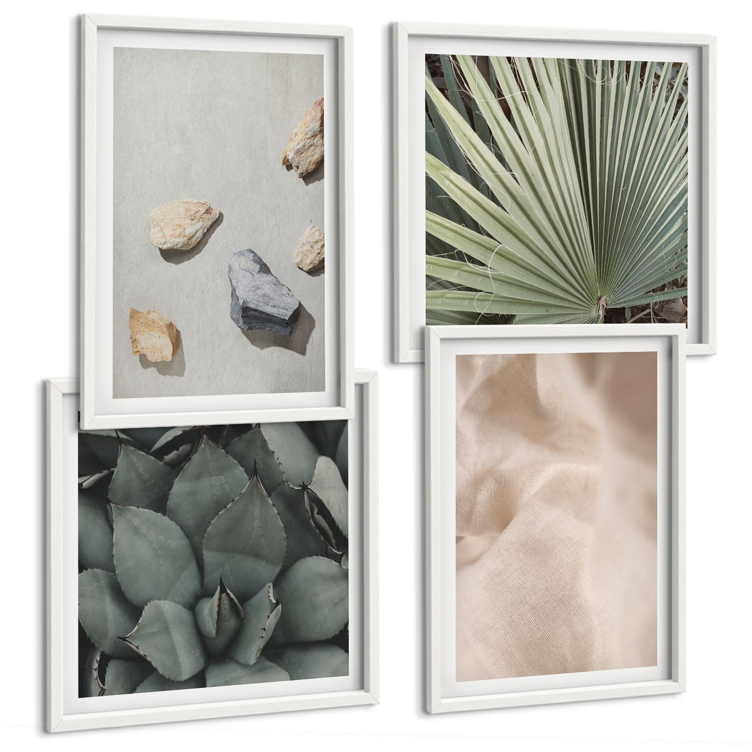 BILDER SET 4er Set - 50x50 cm & 40x60 cm Weißer Rahmen - Steine, Holz, Stofftexturen - Weiß, Kunststoff (50/50cm) - TULUP