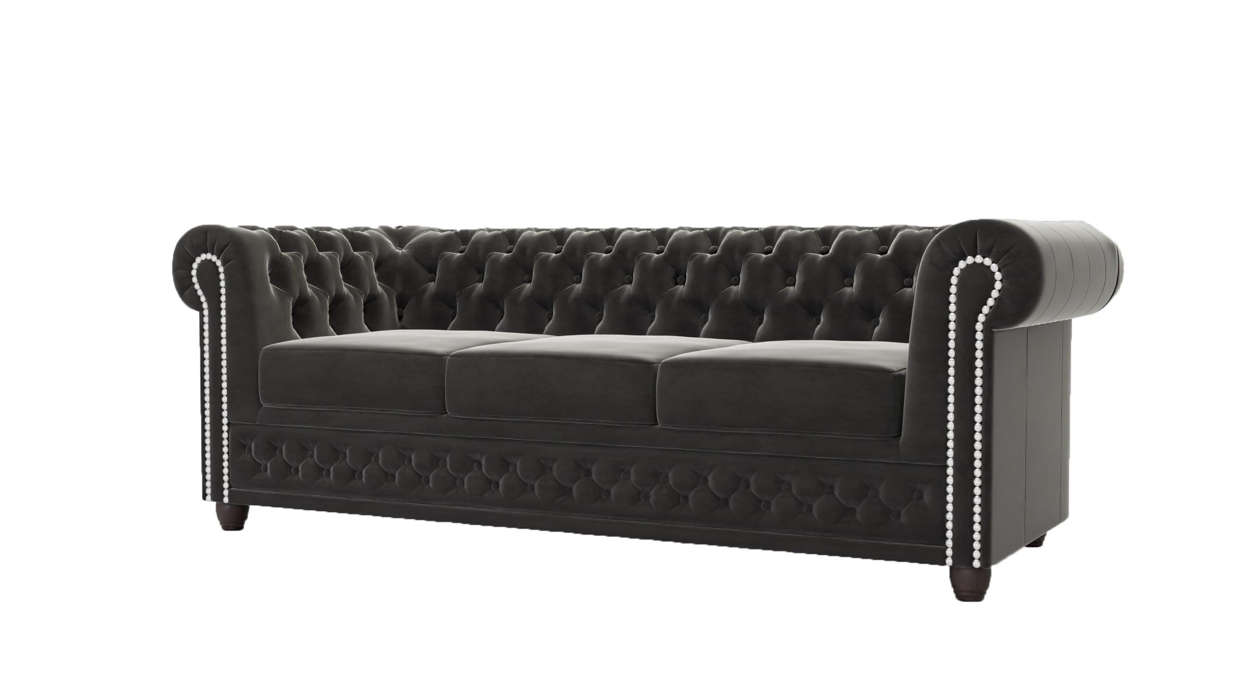 CHESTERFIELD-SOFA 3-Sitzer mit Schlaffunktion Nyx Schwarz Samt - Schwarz/Braun, Holz/Textil (203/28/86cm) - S-Style Möbel