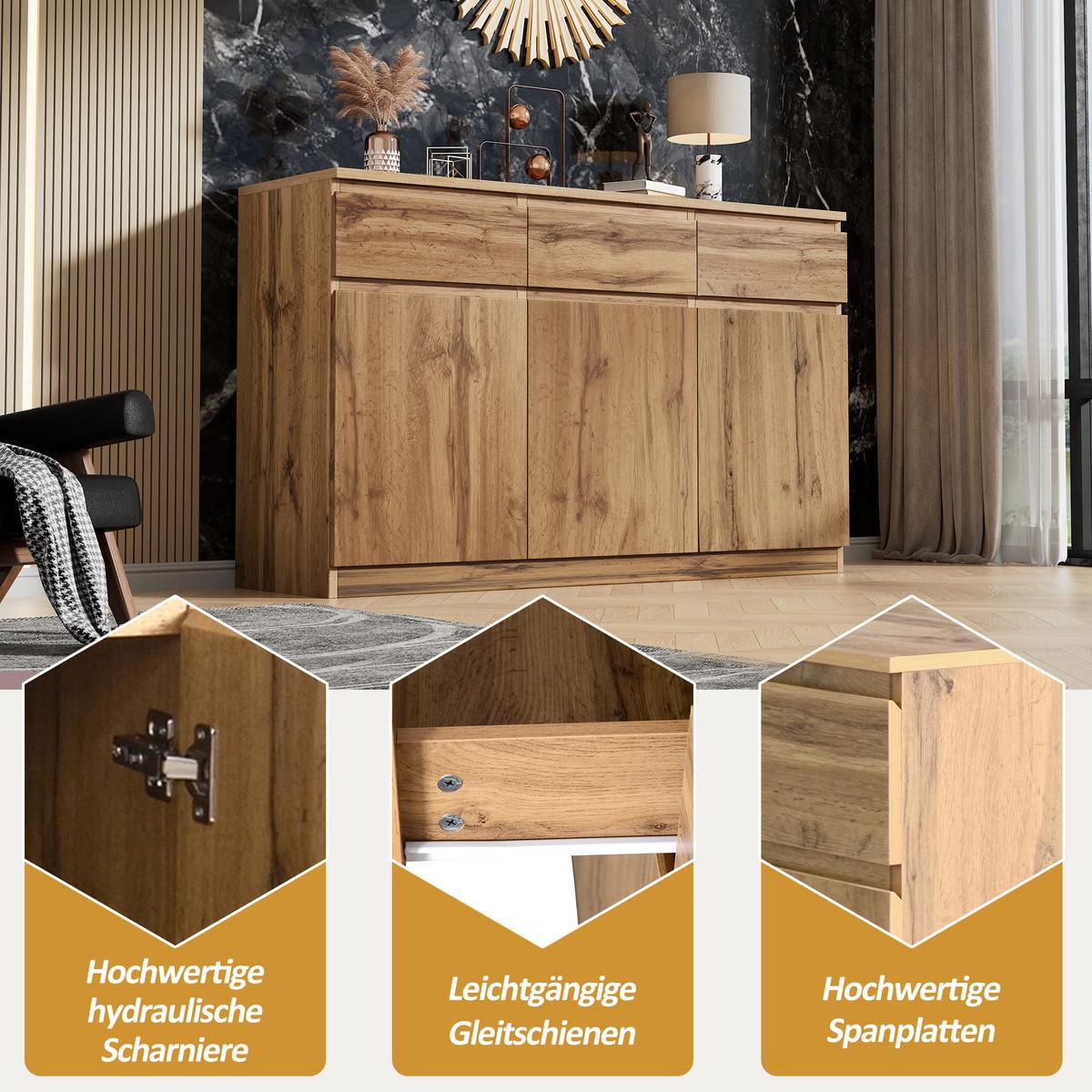 SIDEBOARD Holzoptik Natur 135cm mit 3 Türen & 3 Schubladen - Naturfarben, Holzwerkstoff (135/81/40cm) - Urban Meuble