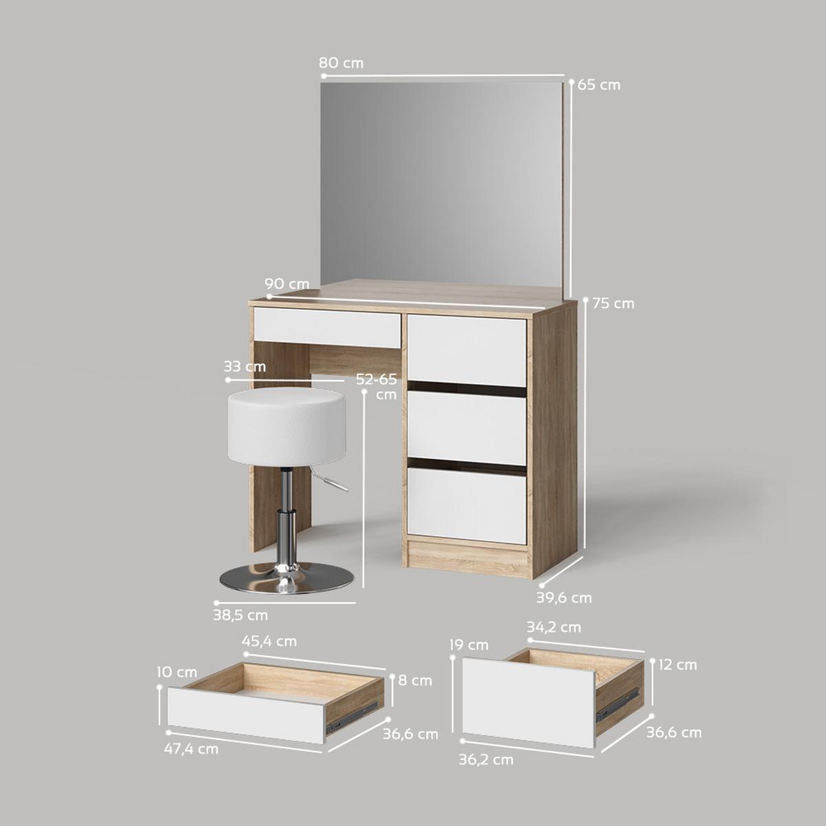 SCHMINKTISCH Imola Weiß/Sonoma 90 cm mit Hocker - Weiß/Sonoma Eiche, Holzwerkstoff (90/75/55cm) - Livinity®