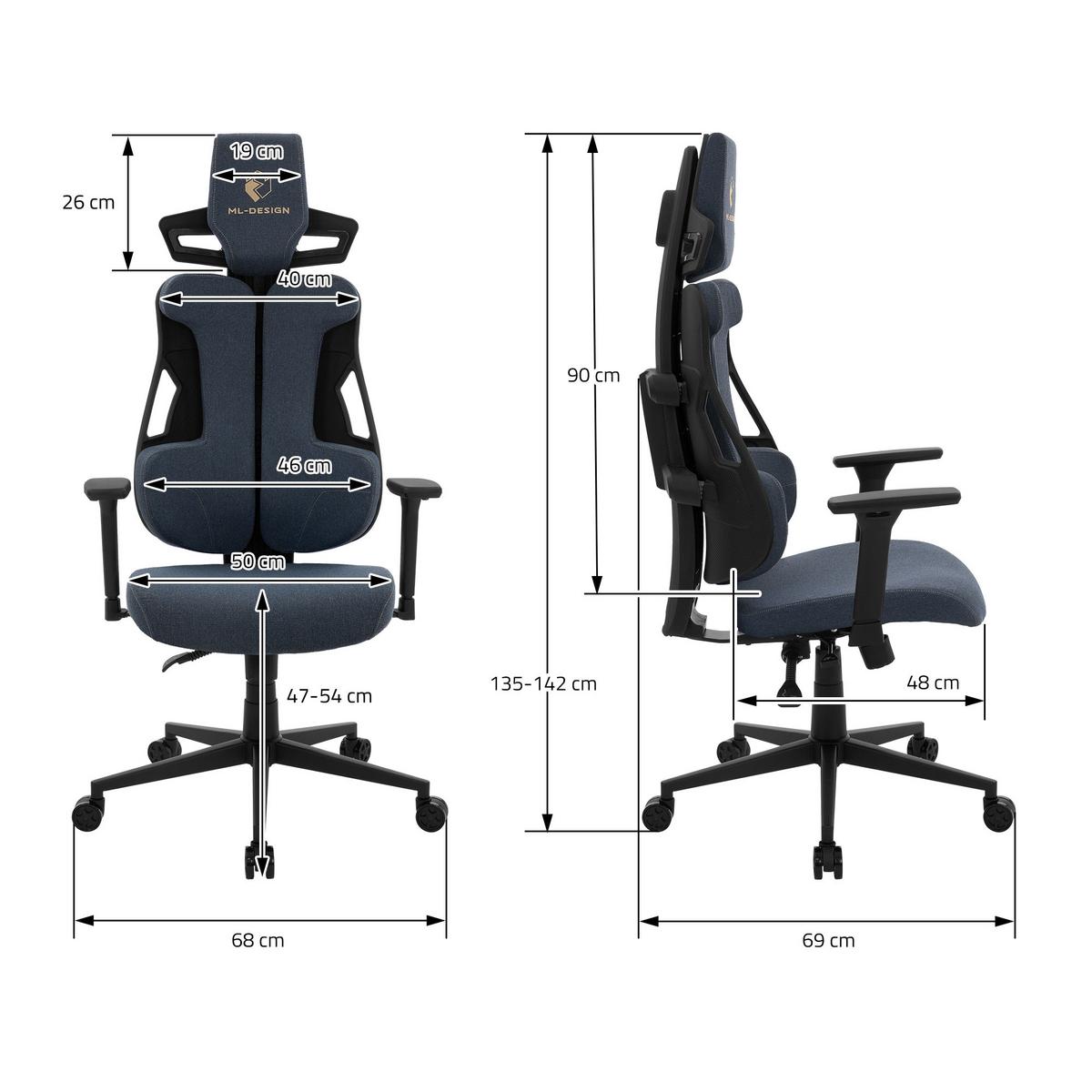 GAMINGSTUHL mit Stoffbezug in Blau Individuell Einstellbar - Blau/Schwarz, Kunststoff/Textil (69/142/68cm) - ML-DESIGN
