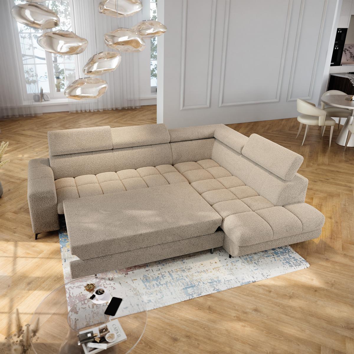 ECKSOFA MORIVA Q R-S Beige Boucle-Stoff mit Schlaffunktion - Beige, Holzwerkstoff/Textil (253/190cm) - MASSENO