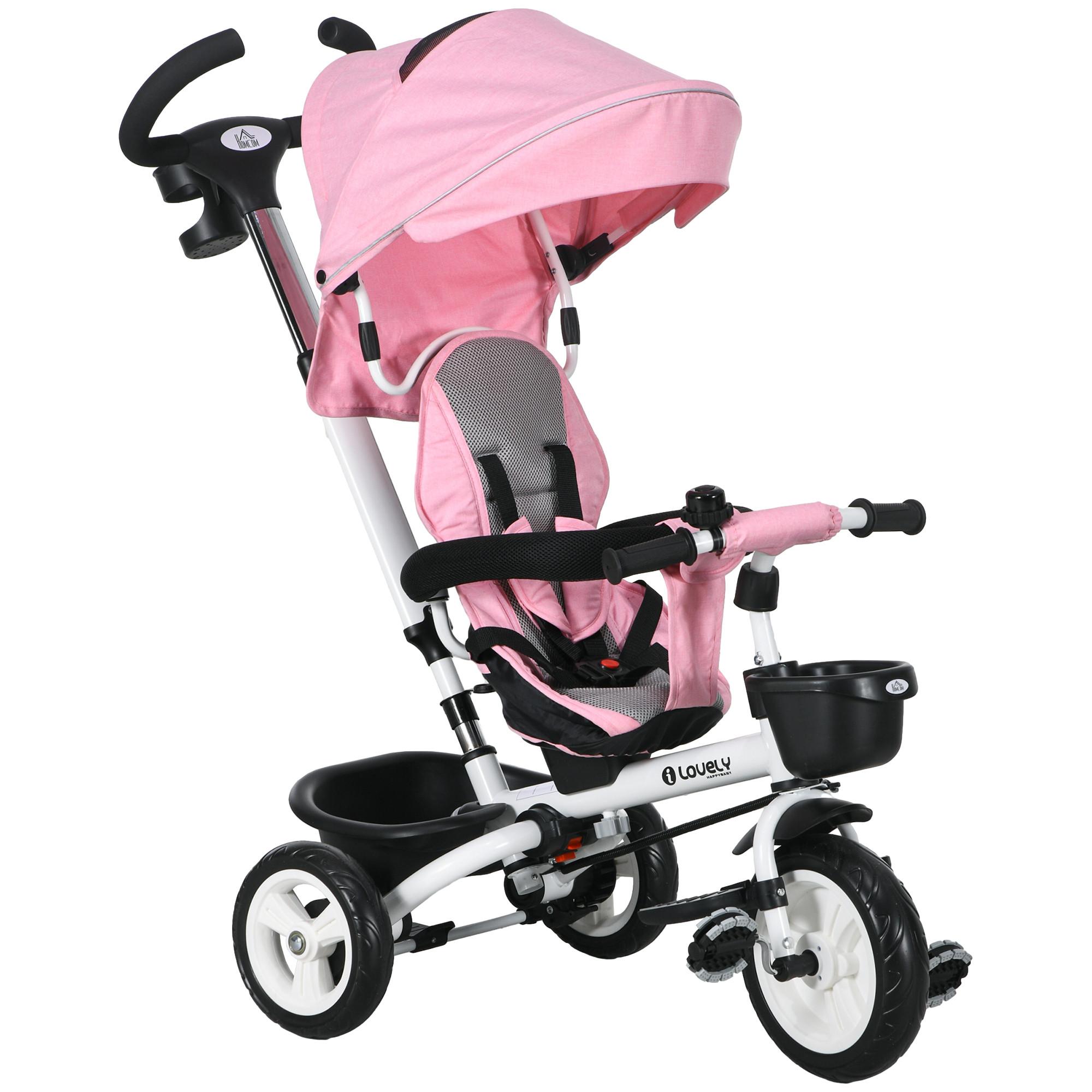 6 in 1 Dreirad mit Schubstange, Kinderdreirad mit Sicherheitsgurt, Sonnendach - Rosa, Metall (112/50/104cm) - HOMCOM