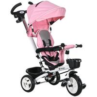 6 in 1 Dreirad mit Schubstange, Kinderdreirad mit Sicherheitsgurt, Sonnendach - Rosa, Metall (112/50/104cm) - HOMCOM