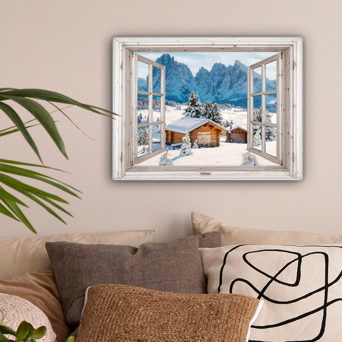 LEINWANDBILD Winterlandschaft - Hütte - Berge - Ausblicke - Aussicht - Natur Wandbild 40x30 cm - Weiß Hochglanz, Textil (40/30cm) - MuchoWow
