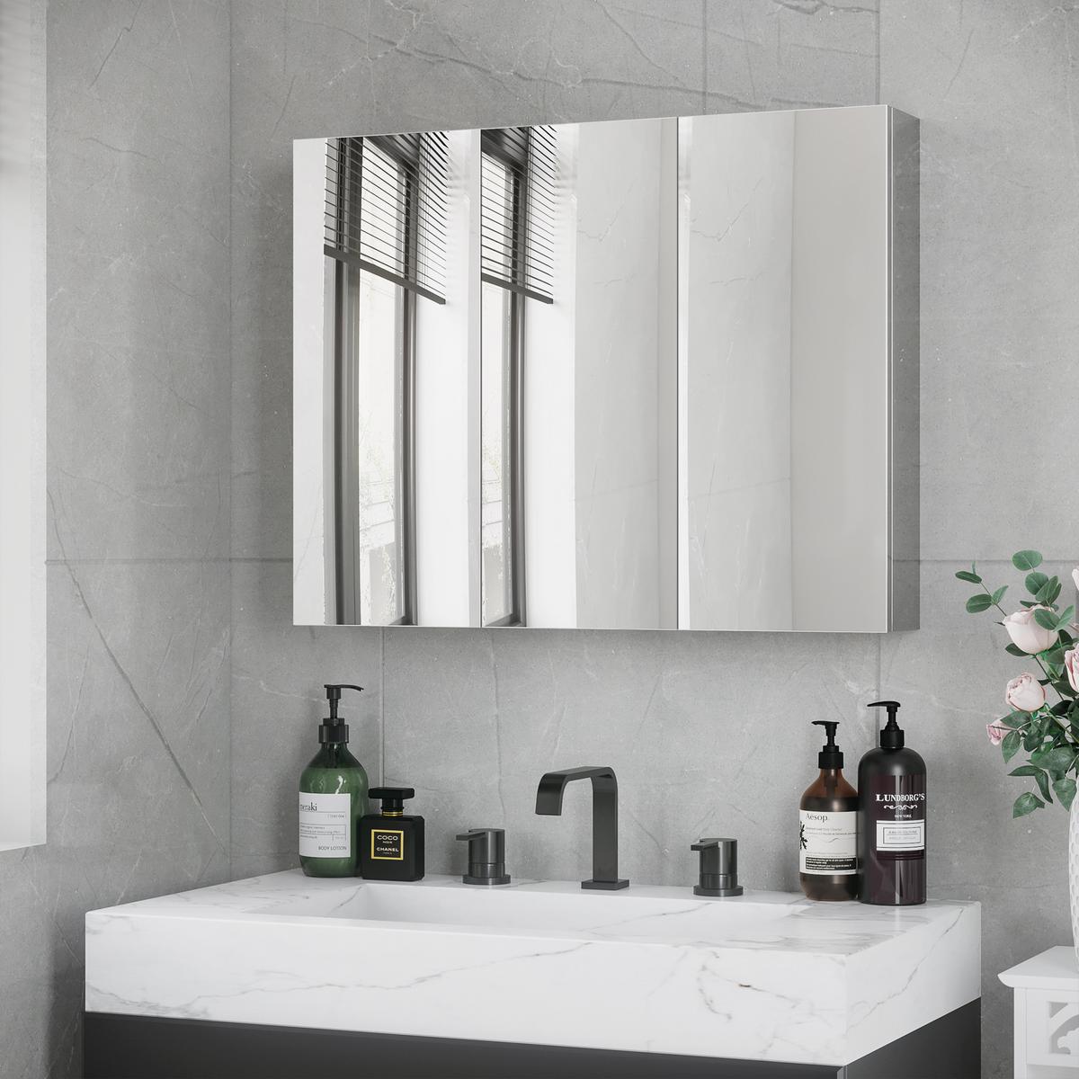 SPIEGELSCHRANK mit 5 Ablagen, 3 Glastüren, Edelstahl, 70 x 12 x 55 cm, Silber - Silberfarben, Glas (70/55/12cm) - Kleankin
