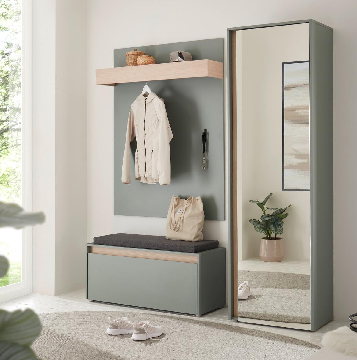 GARDEROBE Set 4-teilig, Salbei Grün und Eiche 170 x 200 cm mit Garderobenschrank und Spiegel - Salbeigrün/Eichefarben, Glas/Holz (170/200/40cm) - Furn.Design