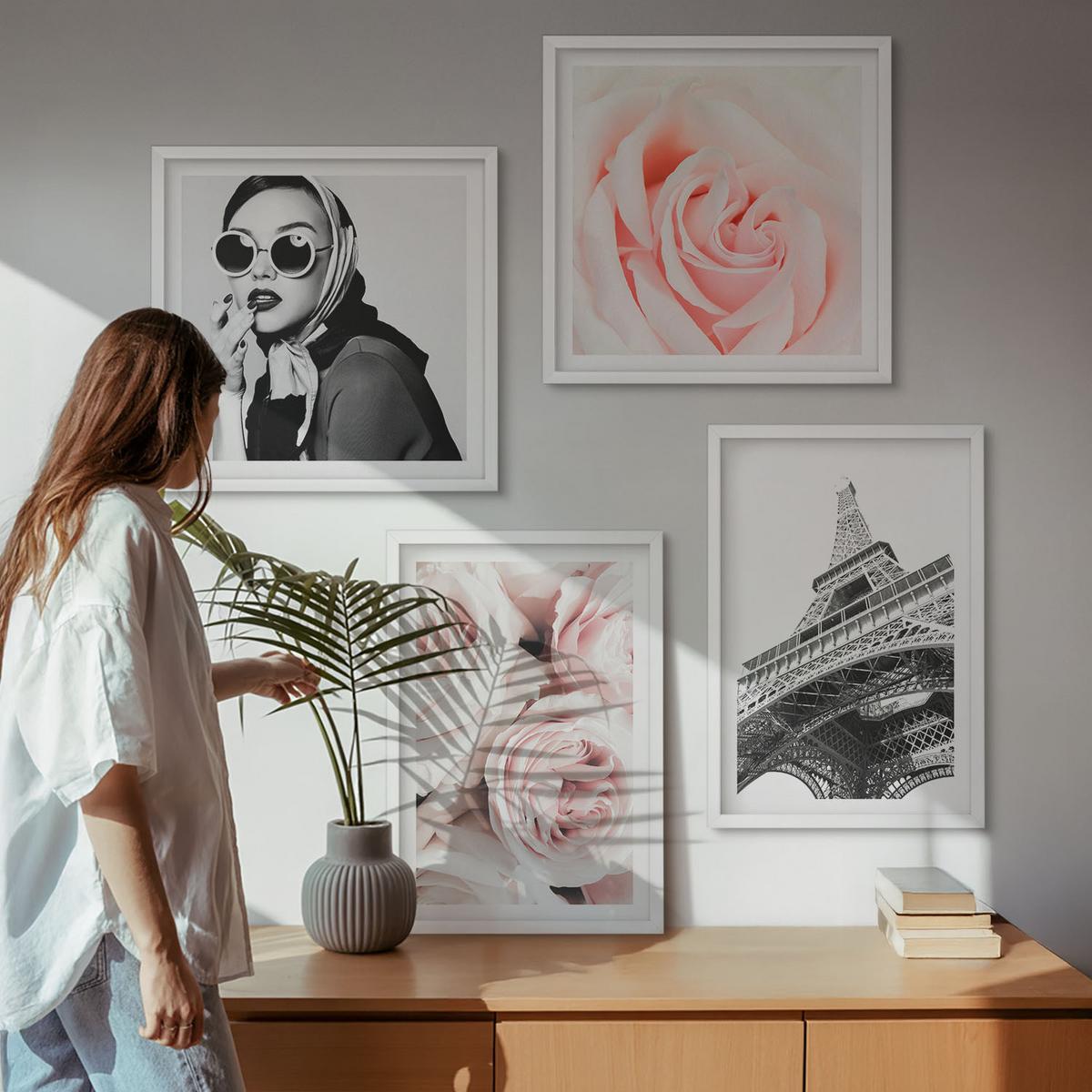 BILDER SET 4er Set - 50x50 cm & 40x60 cm Weißer Rahmen - Eiffels Porträt einer Frau mit Rosen - Weiß, Kunststoff (50/50cm) - TULUP