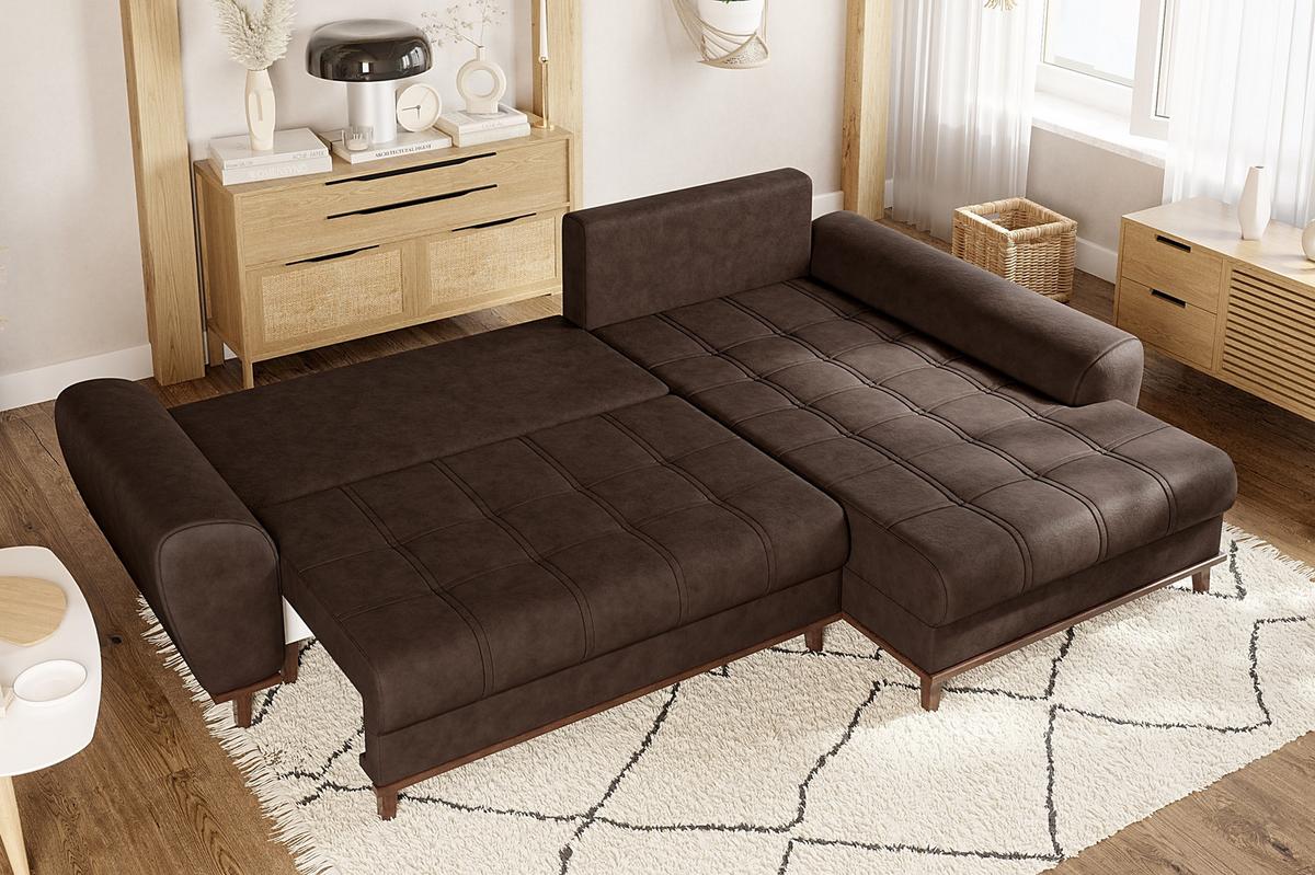 ECKSOFA im Scandi-Stil, Schlaffunktion, Bettkasten B268/T175/H86 cm, Ottomane rechts, Liegefl. 128x209 cm, Mikrofaserstoff in Vintage Braun / 21017 - Wildeiche/Eiche Bianco, Holz/Textil (268/175cm) - luma-home