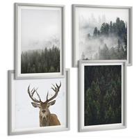 BILDER SET 4er Set - 50x50 cm & 40x60 cm Silberner Rahmen - Grüne Wälder, neblige Landschaft - Silberfarben, Kunststoff (50/50cm) - TULUP