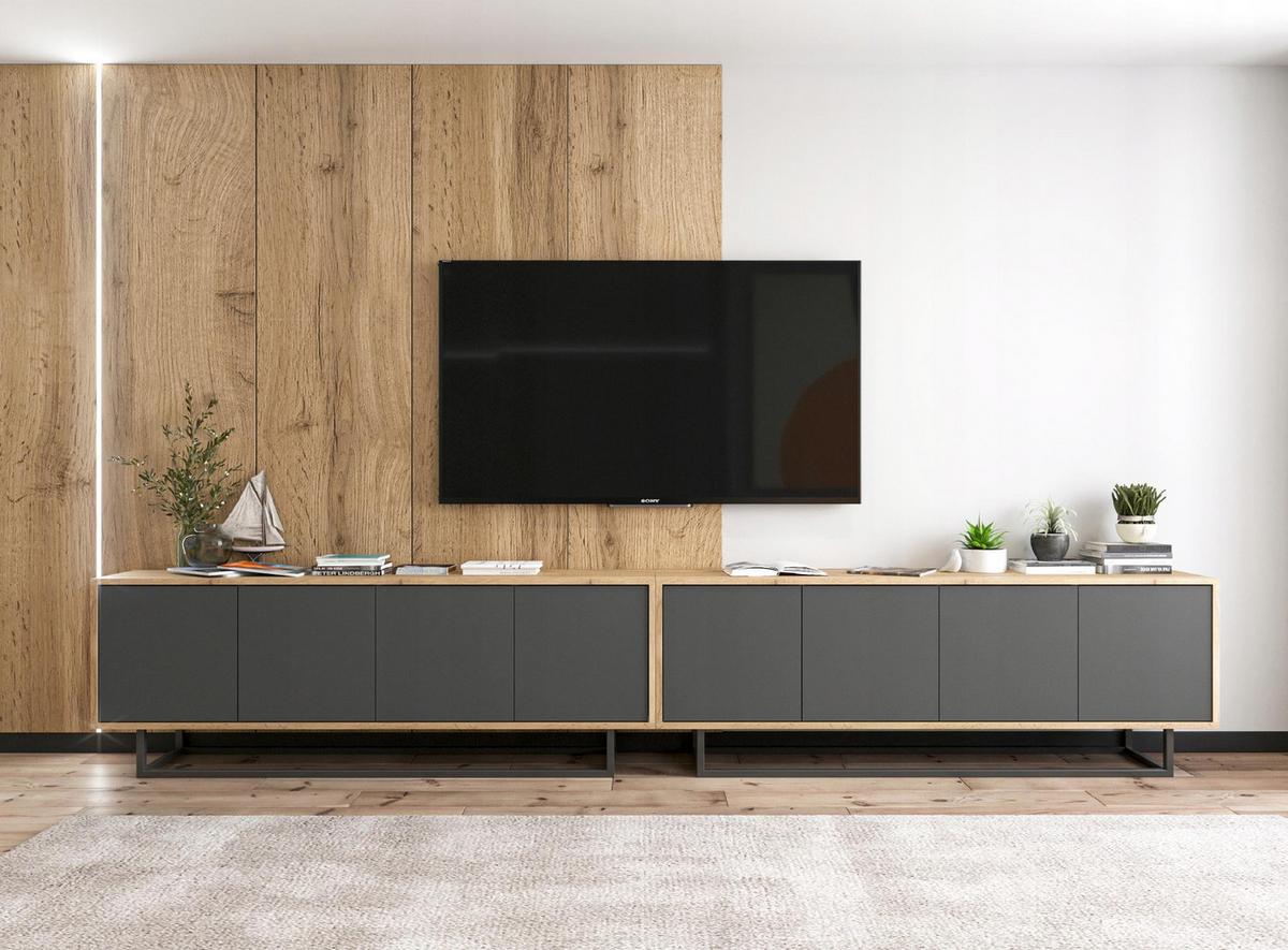 TV-SCHRANK 2-er Set Apollo2 Eiche wotan Graphit Matt 150 cm - Graphitfarben/Schwarz, Holzwerkstoff/Metall (300/53/35cm) - Meble Lindner