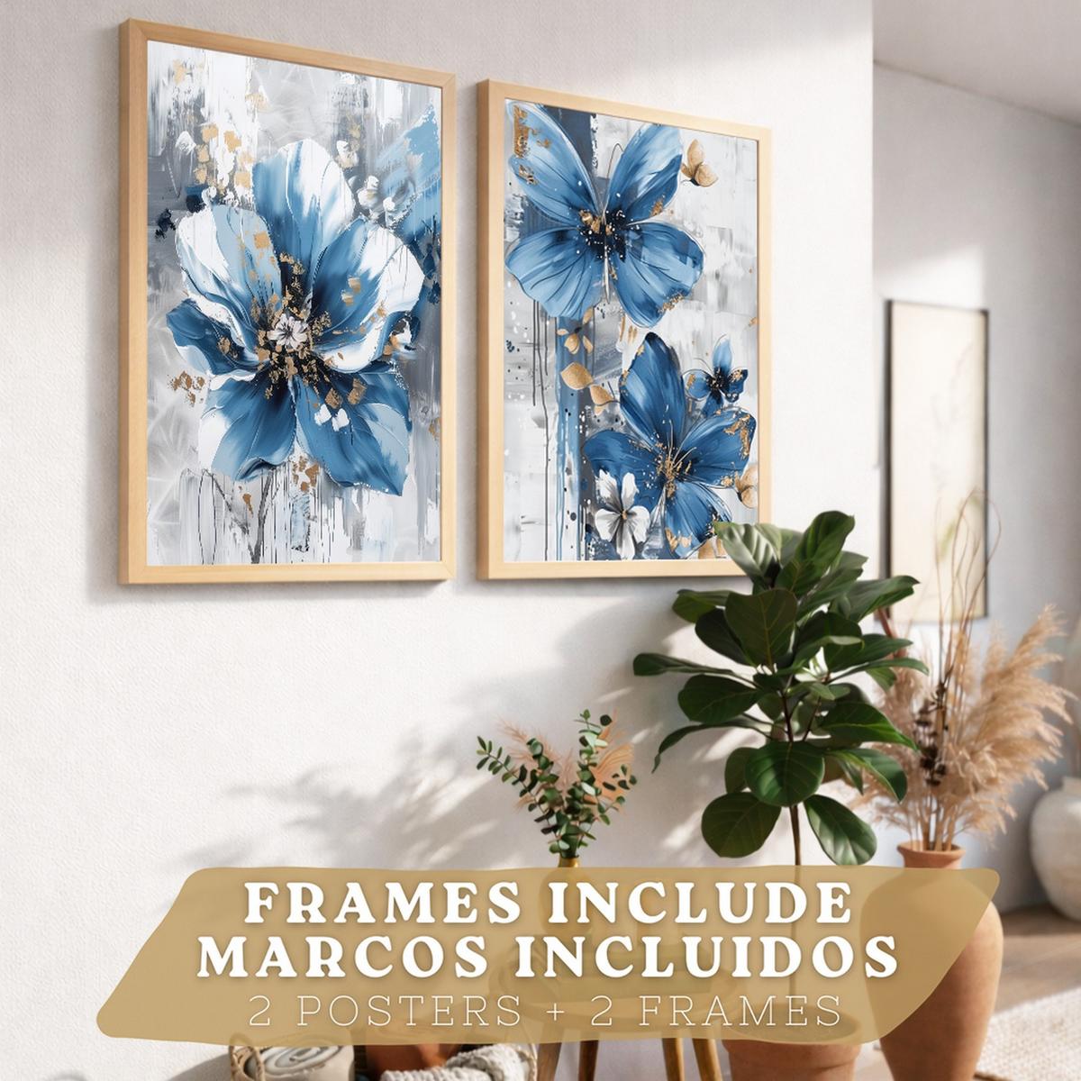 POSTER 2er-Set Wandbilder Blumen Blau Braun modern Wohnzimmer Deko, Schlafzimmer, Küche, Badezimmer Leichter Holzrahmen A3 - Beige, Papier (29.7/1/42cm) - Nacnic