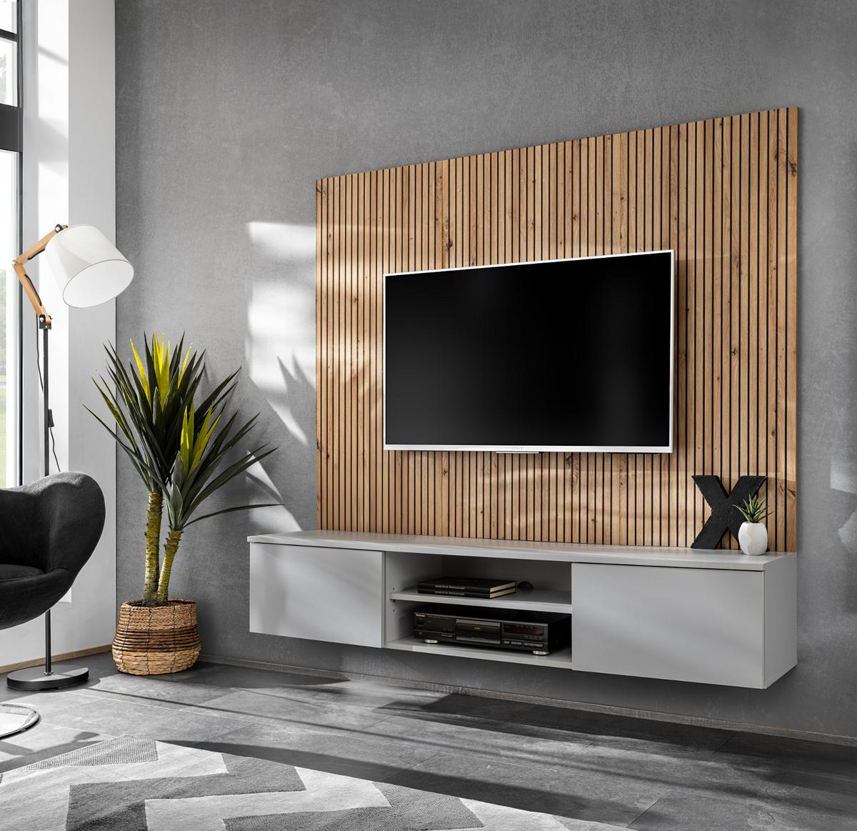 TV-LOWBOARD grau, Eiche Artisan 160 cm, TV-Unterschrank mit Akustikpaneel - Hellgrau/Eiche Artisan, Glas/Holzwerkstoff (160/148/35cm) - Inn.Furn