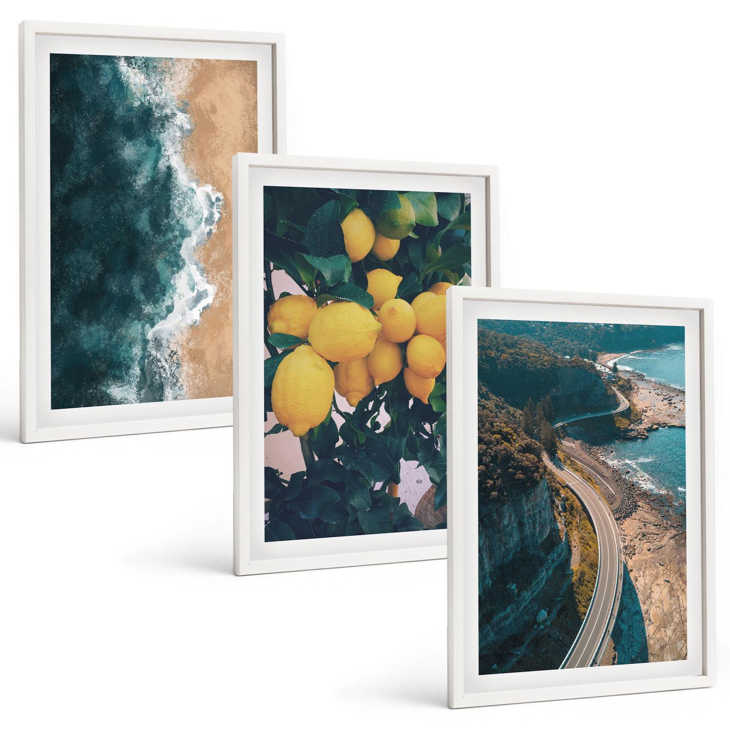 BILDER SET 3er Set - 40x60 cm Weißer Rahmen - Meerstrand Zitronen Berge - Weiß, Kunststoff (40/60cm) - TULUP