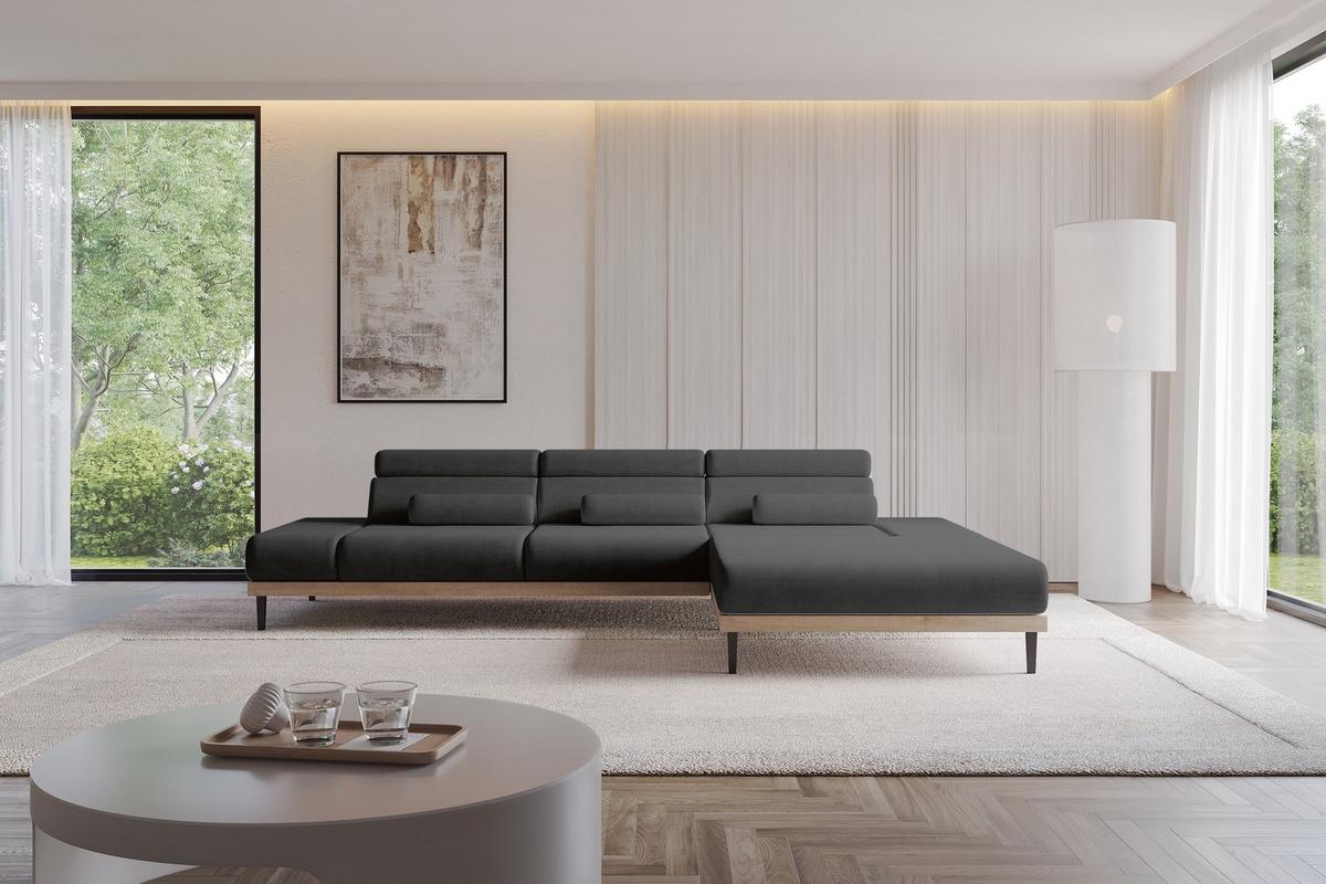 ELEKTRISCHES ECKSOFA Rechts MONA 316x205x85 Schwarz Velours - Schwarz/Graphitfarben, Holzwerkstoff/Textil (316/205cm) - ALTDECOR
