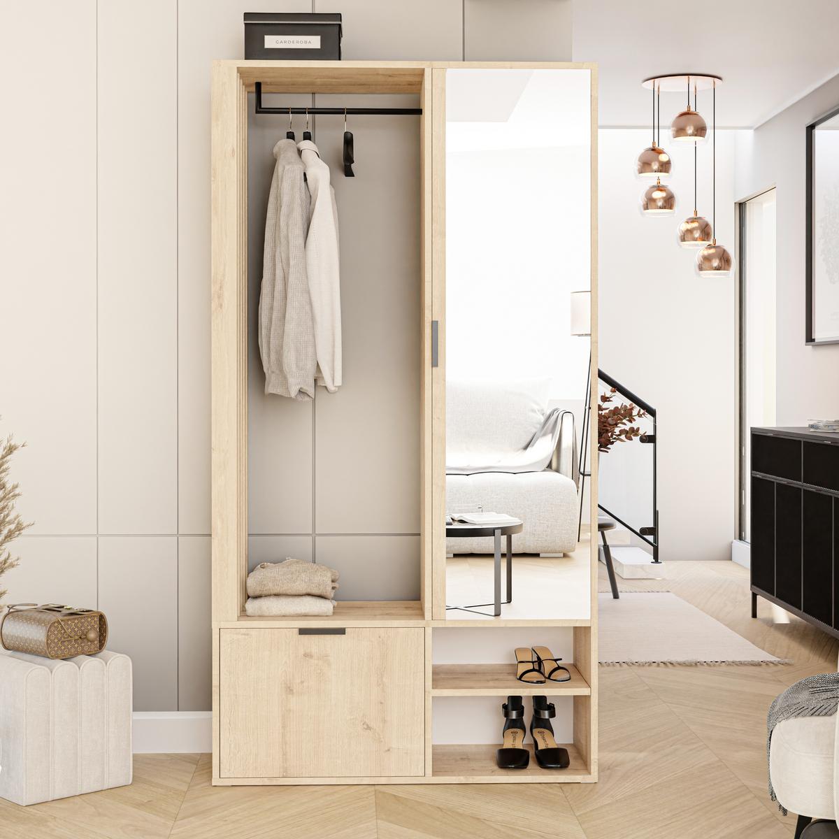 GARDEROBENSCHRANK mit Spiegel-mit Ablagen und Kleiderstange - Braun, Holzwerkstoff (97/195/30cm) - Idohome