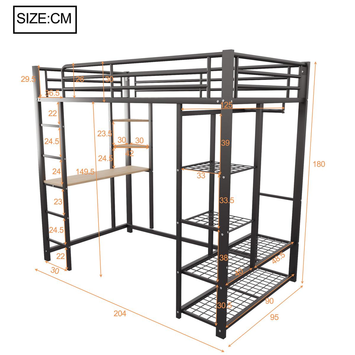 HOCHBETT mit Schreibtisch, Regalen und Stauraum - Schwarz, Holzwerkstoff/Metall - Urban Meuble