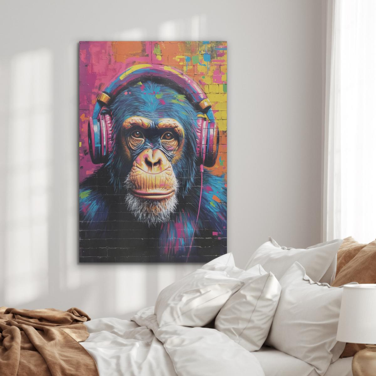AKUSTIKBILD Graffiti - Schimpanse - Straßenkunst - Kopfhörer - Affe Wanddeko 70x100 cm - Blau, Kunststoff (70/100/0.9cm) - MuchoWow