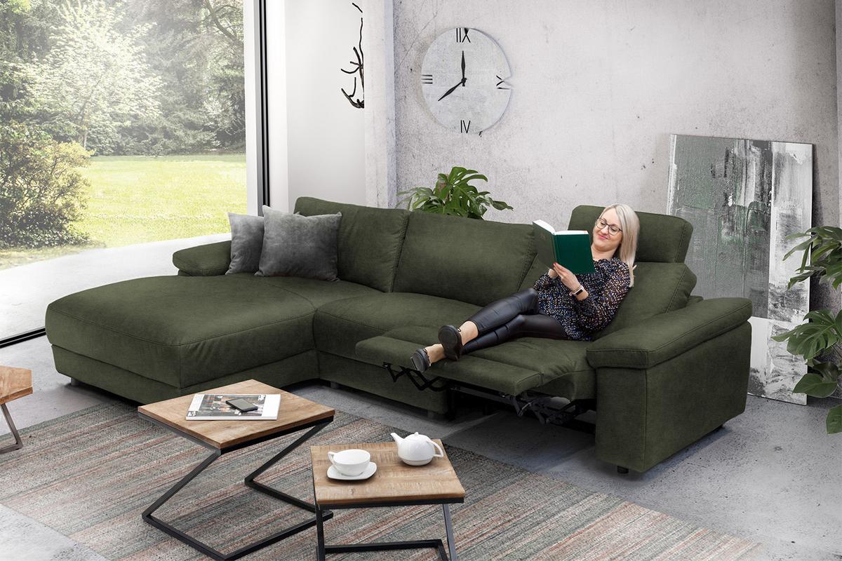 ECKSOFA XL MOTORISCHER RELAXFUNKTION LOLA Dunkelgrün Leder Relaxfunktion - Dunkelgrün/Schwarz, Leder (304/178cm) - KAWOLA